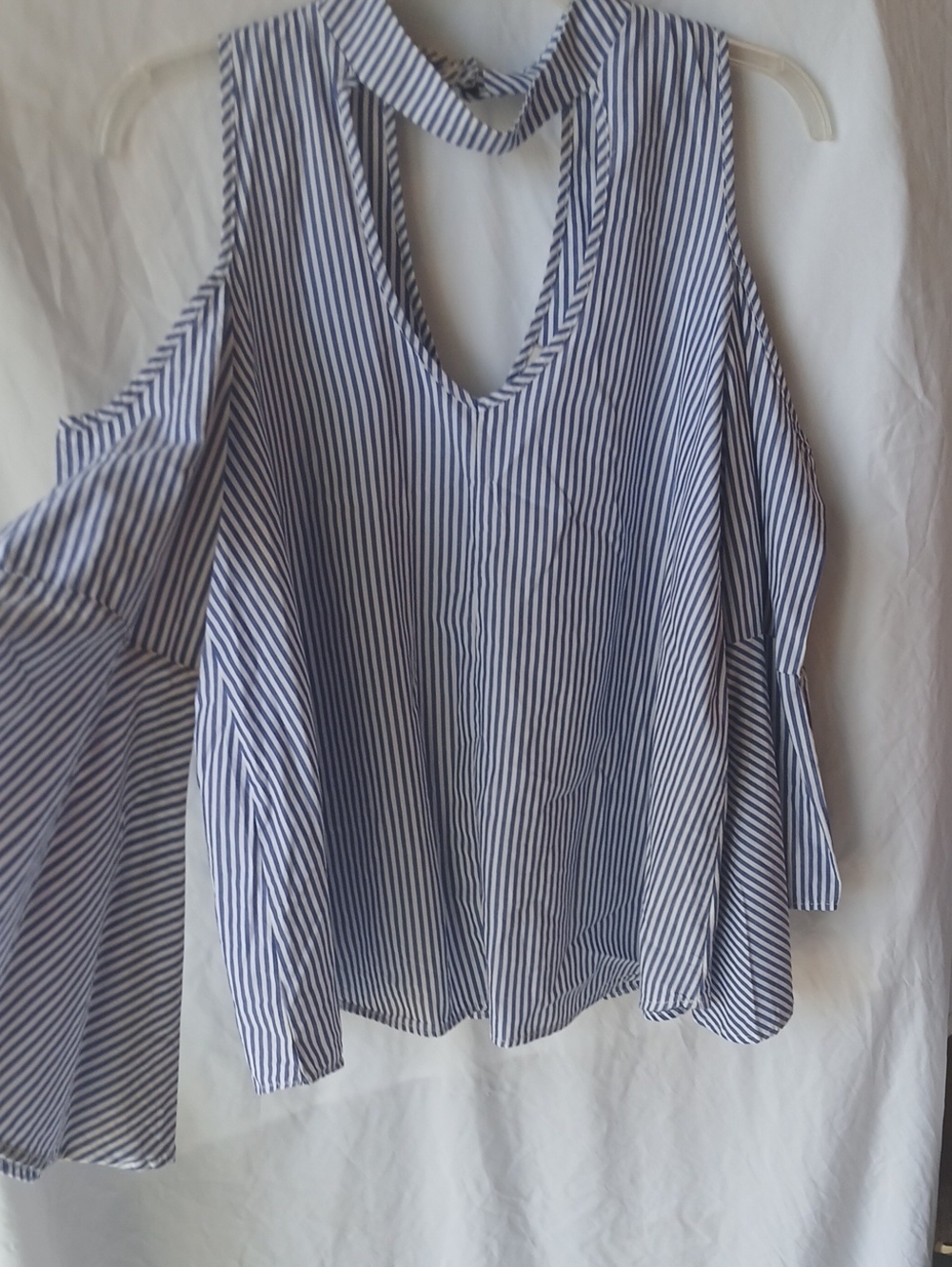 Peppermint Blue and White Striped Cold-Shoulder Tunic